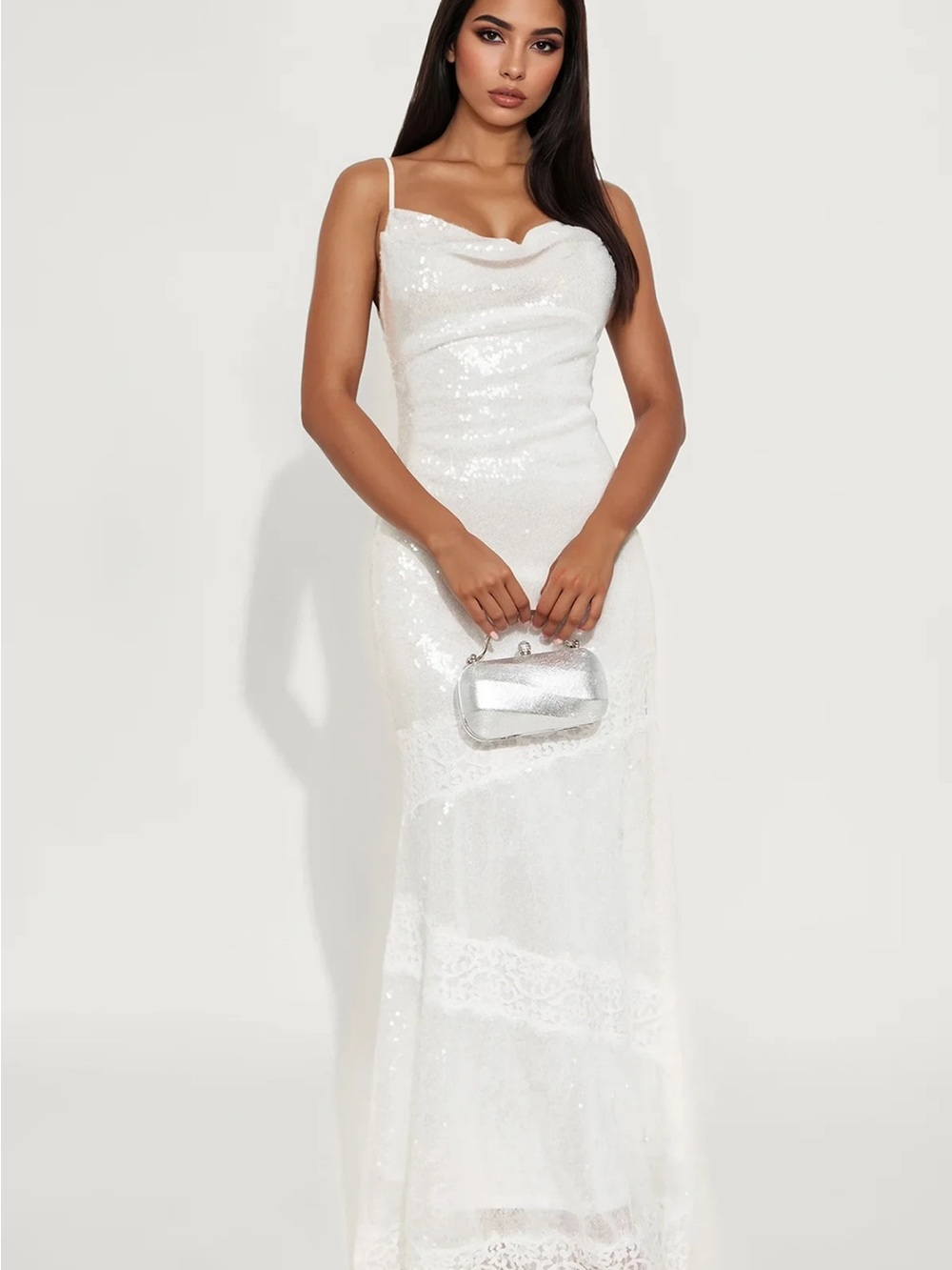 Elegant White Sequin Cowl Neck Maxi Dress